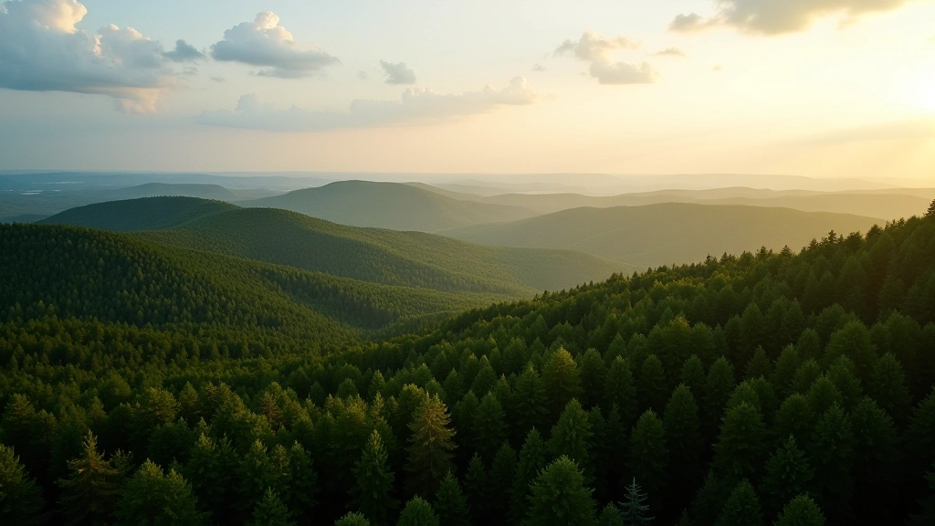 Plašs meža ainava no augstuma ar viļņošanās kokiem un debesis horizonte